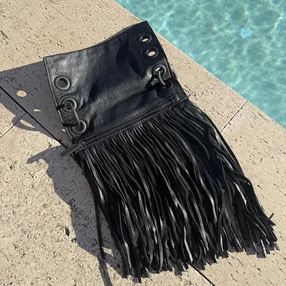 Hammitt Black Leather Fringe Festival Crossbody Bag Flawed-Missing Strap